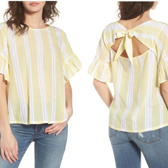 BP Womens Yellow Striped Top Size Large Tie Back Short Sleeve Flutter - Picture 1 of 7